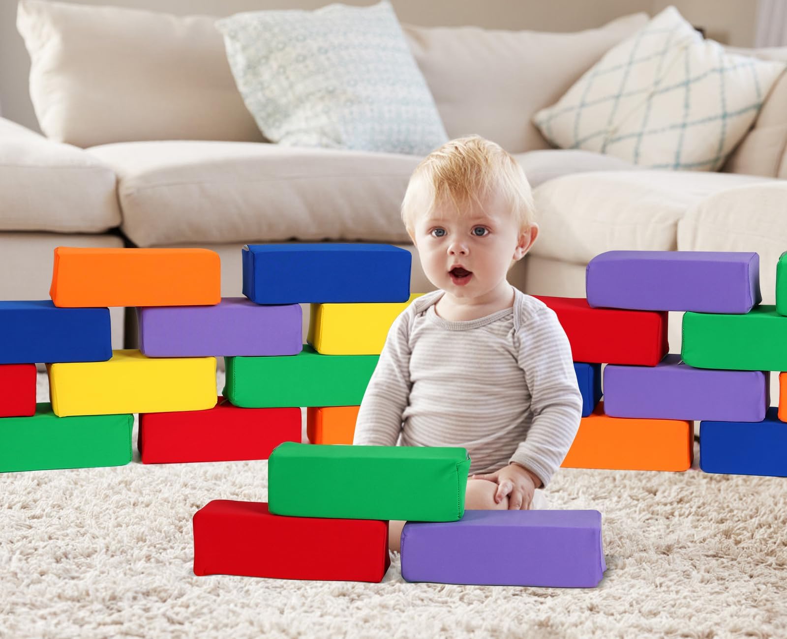UHAPPYEE Toddler Foam Buliding Blocks - 12 Piece Fabric Covered 9x4x3inch Stacking Block Sets - Colourful Soft Play Set for Kids Idea for Building and Throwing Fun
