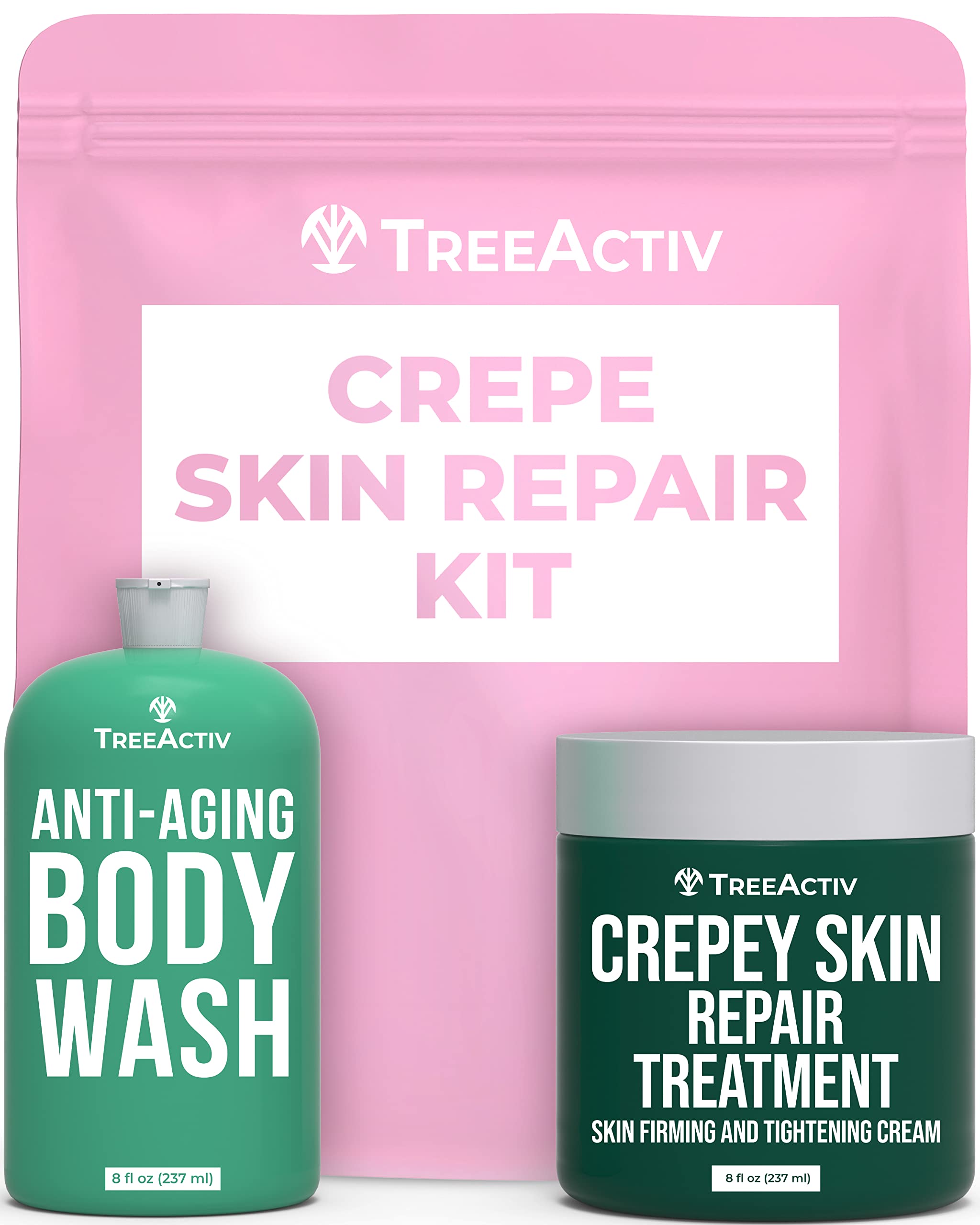 TreeActiv Crepey Skin Repair Kit, Includes Anti-Aging Exfoliating Body Wash, 8oz, Crepe Skin Cream, 8oz, Skin Tightening Cream for Body and Face. Hydrates and Tighten Dry Crepe Skin, Crepe Skin Cream