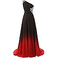 Angela One Shoulder Ombre Long Evening Prom Dresses Chiffon Wedding Party Gowns BlackRed16