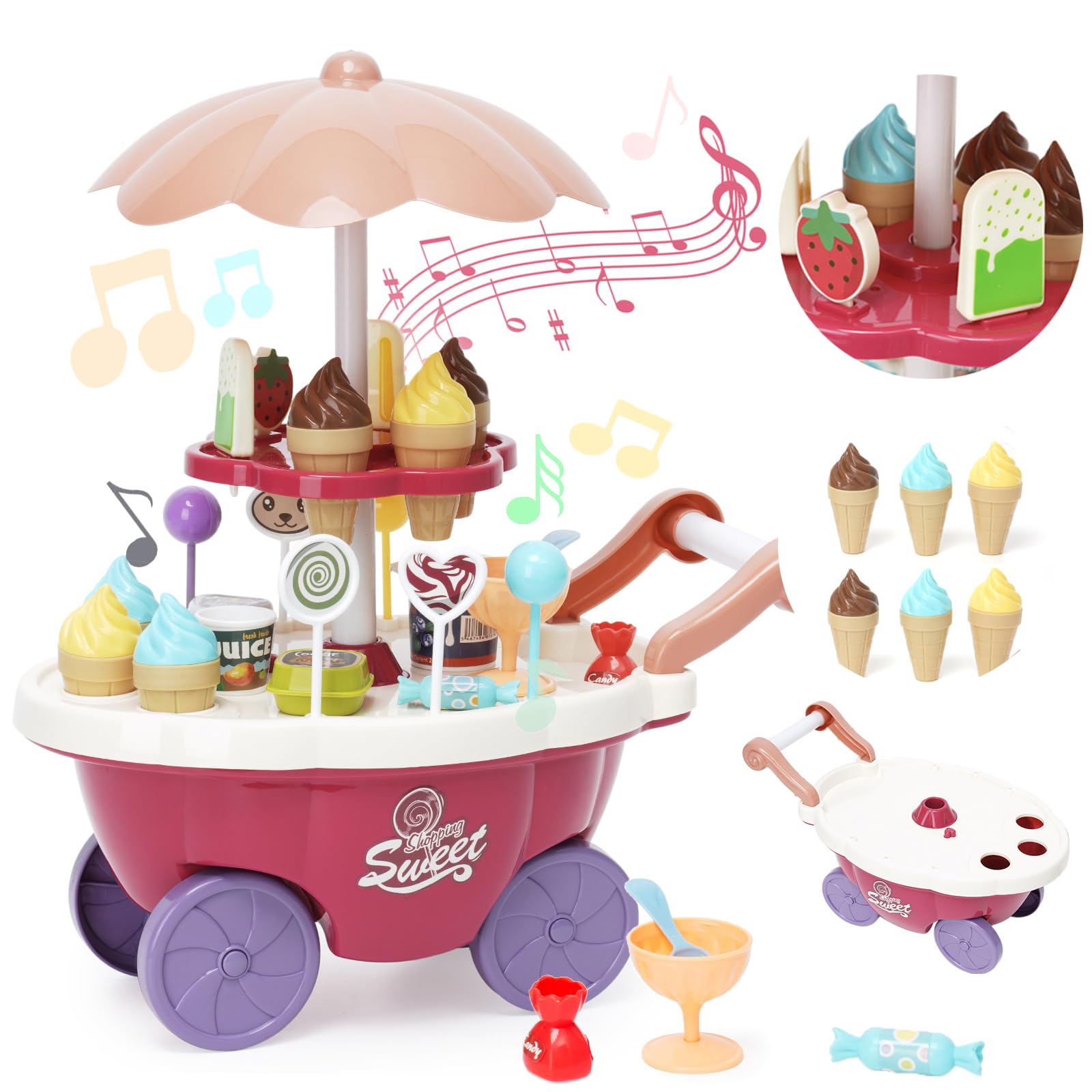 Ice Cream Toys Set 36pcs Kids Play House Pretend Play Kitchen Accessories with Large Storage Candy Cart with Role Play Food Rotatable Pretend Play with Music Early Educational Toy