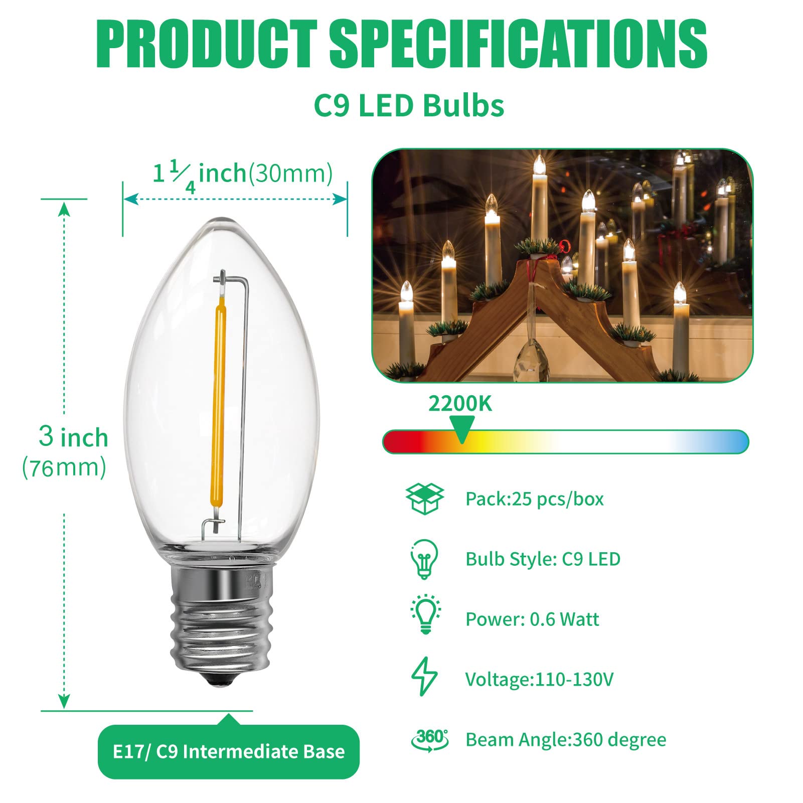 Meconard C9 Led Replacement Christmas Light Bulb, 25 Pack C9