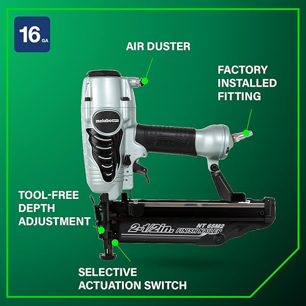 METABO HPT FINISH NAILER WITH AIR DUSTER, PRO-PREFERRED PNEUMATIC POWER NAILERS, IDEAL FOR MOLDING, CHAIR RAIL, AND CABINETRY, LIGHTWEIGHT 3.7 LBS, 16 GAUGE, 1″ TO 2-1/2″ FINISH NAILS, NT65M2S