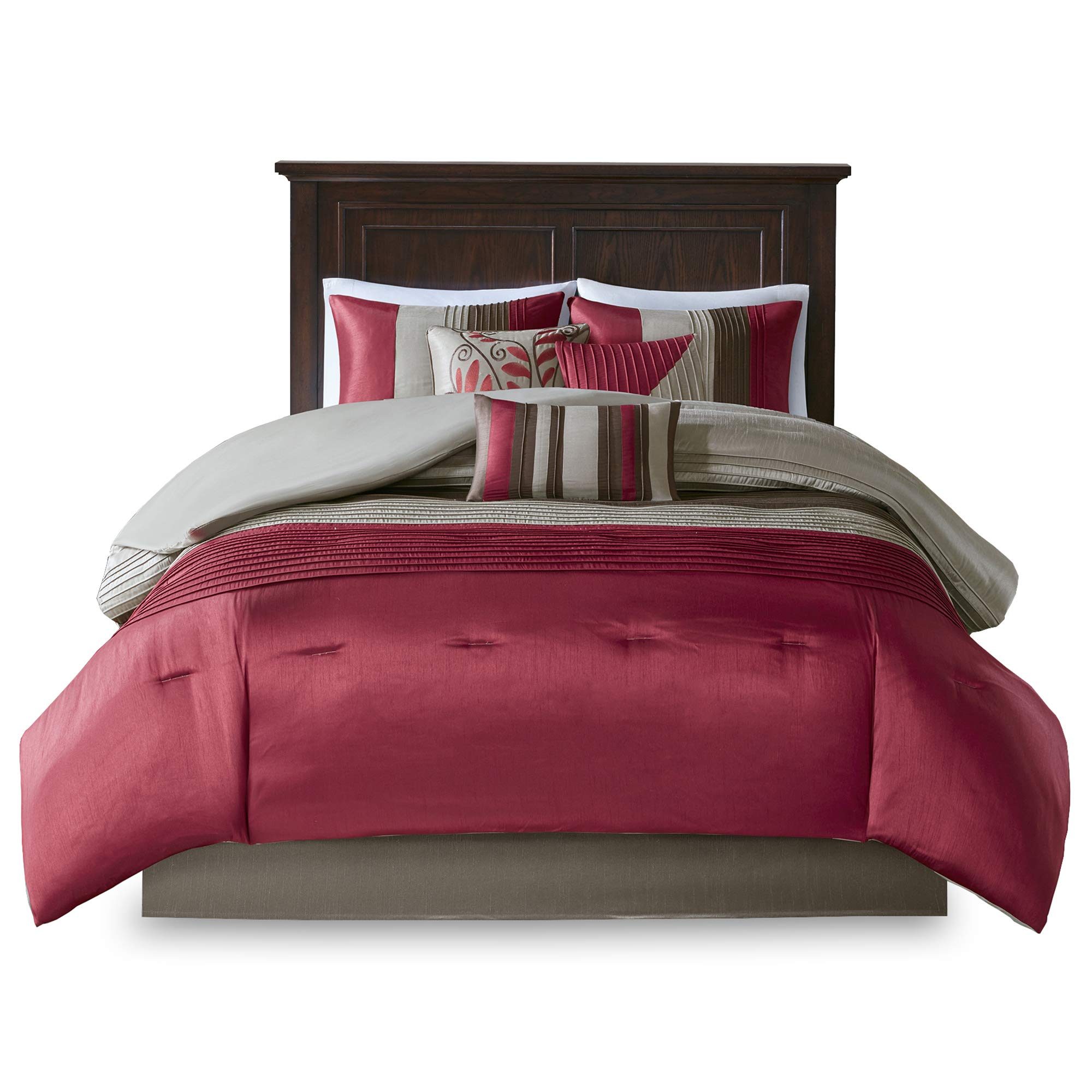 Madison Park Amherst Queen Size Bed Comforter Set Bed in A Bag - Burgundy, Taupe, Pieced Stripes – 7 Pieces Bedding Sets – Ultra Soft Microfiber Bedroom Comforters