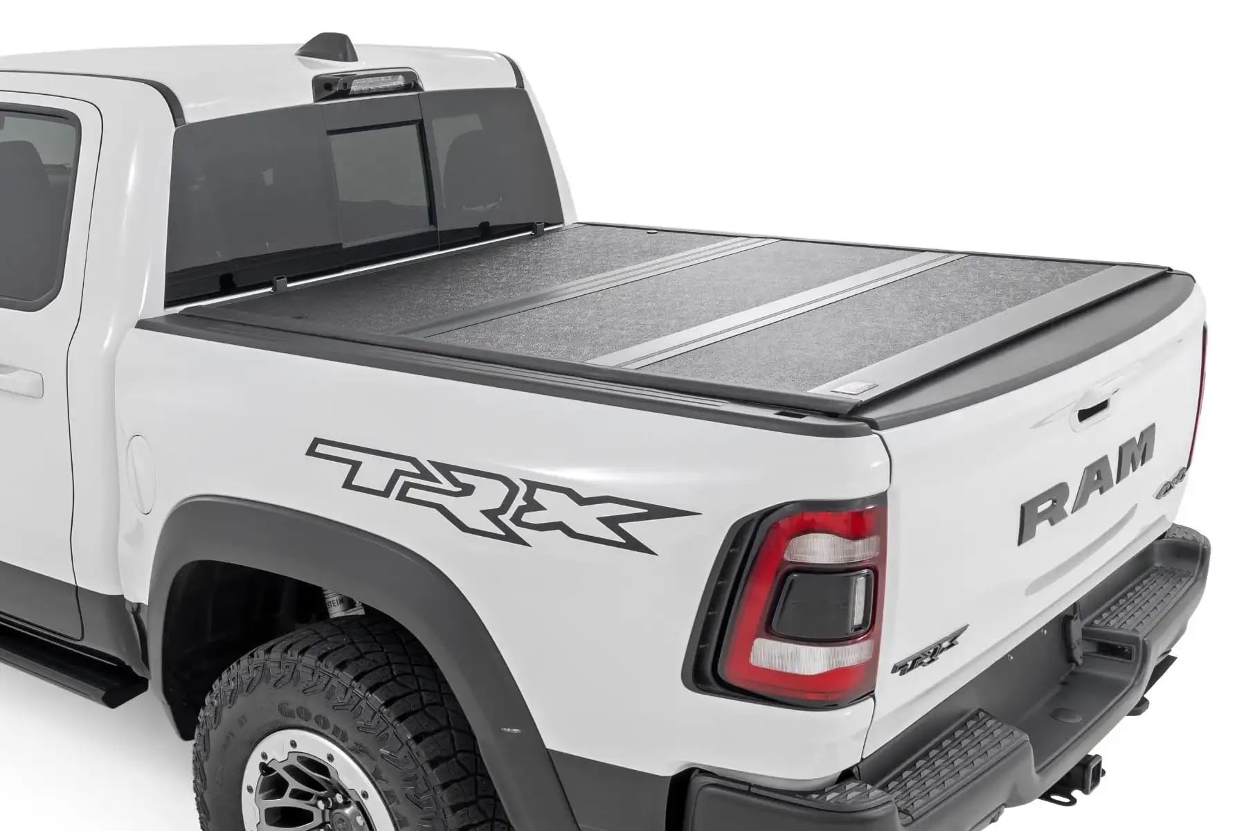 Photo 1 of Rough Country Hard Low Profile Tri-Fold Tonneu Bed Cover for RAM 1500 (2019-2025)/1500 TRX (2021-2025) - Fits 6'4" (76.3") Bed w/o Rambox