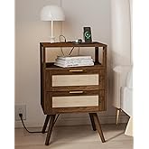 JOONEE Rattan Nightstand with Charging Station,Farmhouse Bedside Table with 2 Storage Drawer and Open Wood Shelf, for Bedroom and Small Spaces,Night Stand with Solid Wood Legs (Walnut Brown-Outlet)