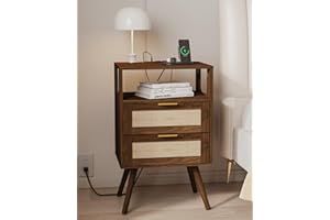 JOONEE Rattan Nightstand with Charging Station,Farmhouse Bedside Table with 2 Storage Drawer and Open Wood Shelf, for Bedroom and Small Spaces,Night Stand with Solid Wood Legs (Walnut Brown-Outlet)