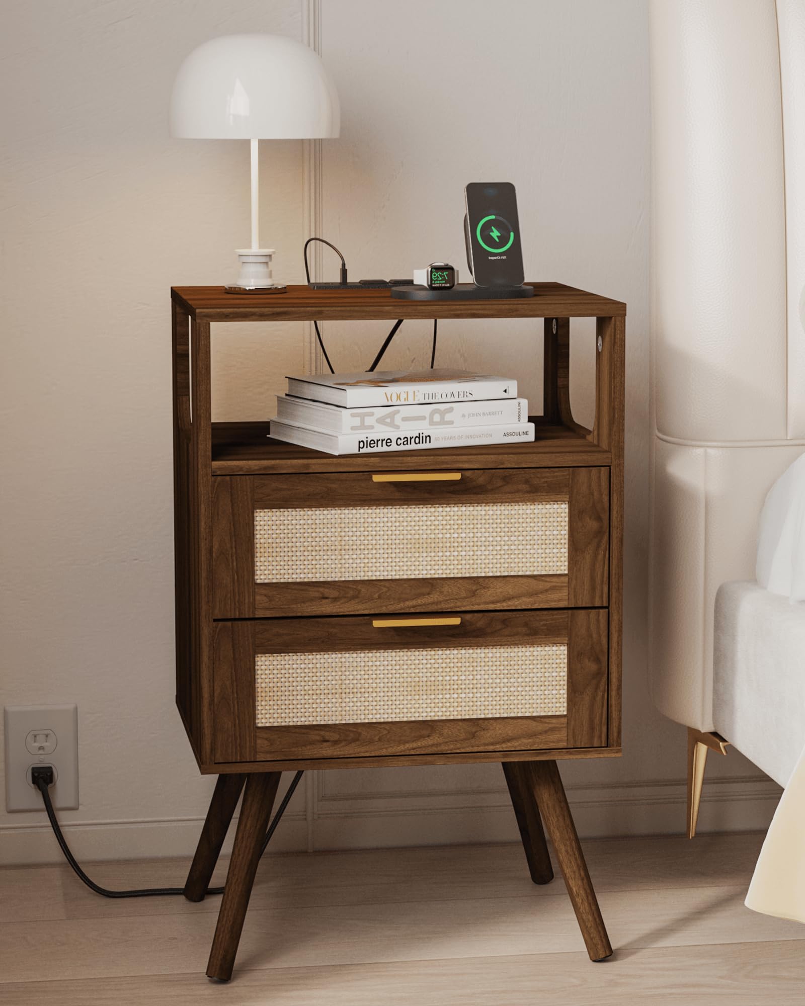 Photo 1 of **DAMAGED** JOONEE Rattan Nightstand with Charging Station,Farmhouse Bedside Table with 2 Storage Drawer and Open Wood Shelf, for Bedroom and Small Spaces,Night Stand with Solid Wood Legs (Walnut Brown-Outlet)
