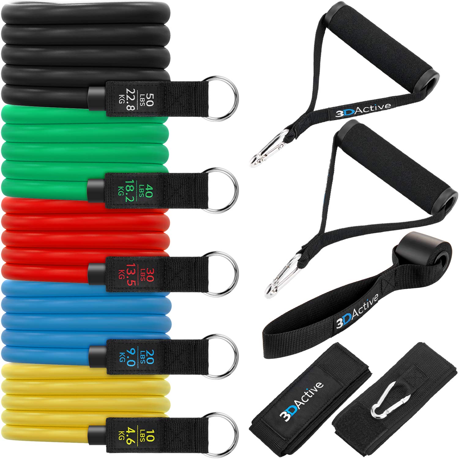 3DActive Resistance Bands Set for Home Gym Workouts, 5 Stackable Exercise Bands for Strength Training, Full-Body Workouts with Door Anchor, Ankle Straps, Handles, Exercise Guide and Carry Bag.