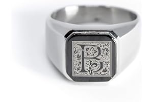 Tioneer Jewelry | Stainless Steel Letter Alphabet Initial Ring | Square Flat Top Ring for Men & Women | Stainless Steel Jewelry, (Black, Gold, Silver), Size 7-16