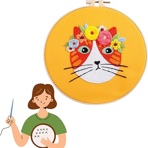 Traziewell Embroidery Kit for Beginners Adults Full Range DIY Stamped Cross Stitch Kit with Cute Cat Pattern Animal Handmade with Tool for Home Decor 0524