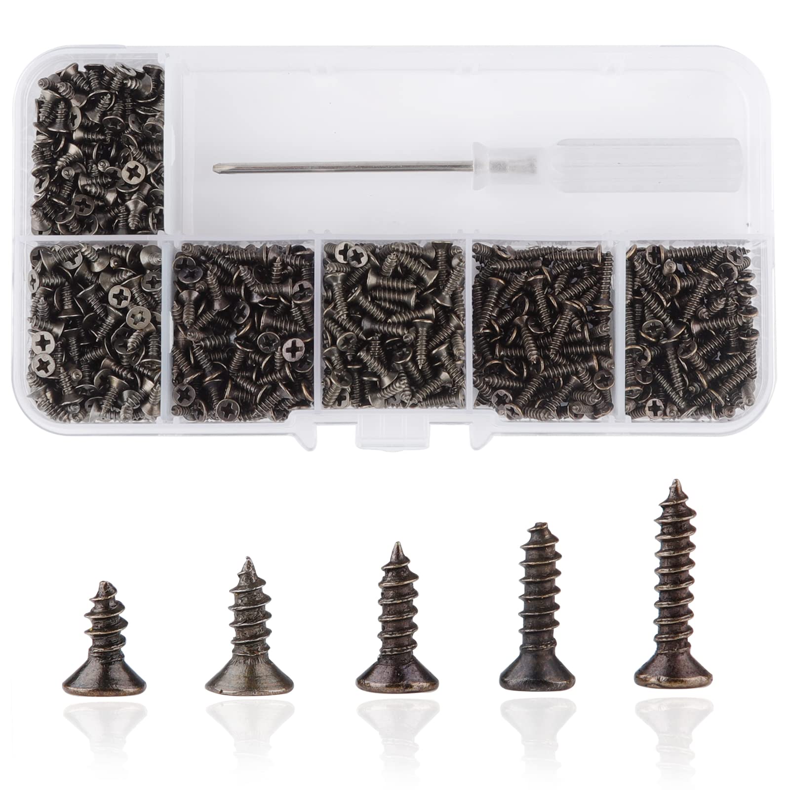Roosea 1000 Pcs M2 Small Hinge Wood Screws 5/6/7/8/10 mm Tiny Flat Head Cross Bronze Small Screws with Screwdriver for DIY Hinge Dollhouse Drawer Accessories（Bronze