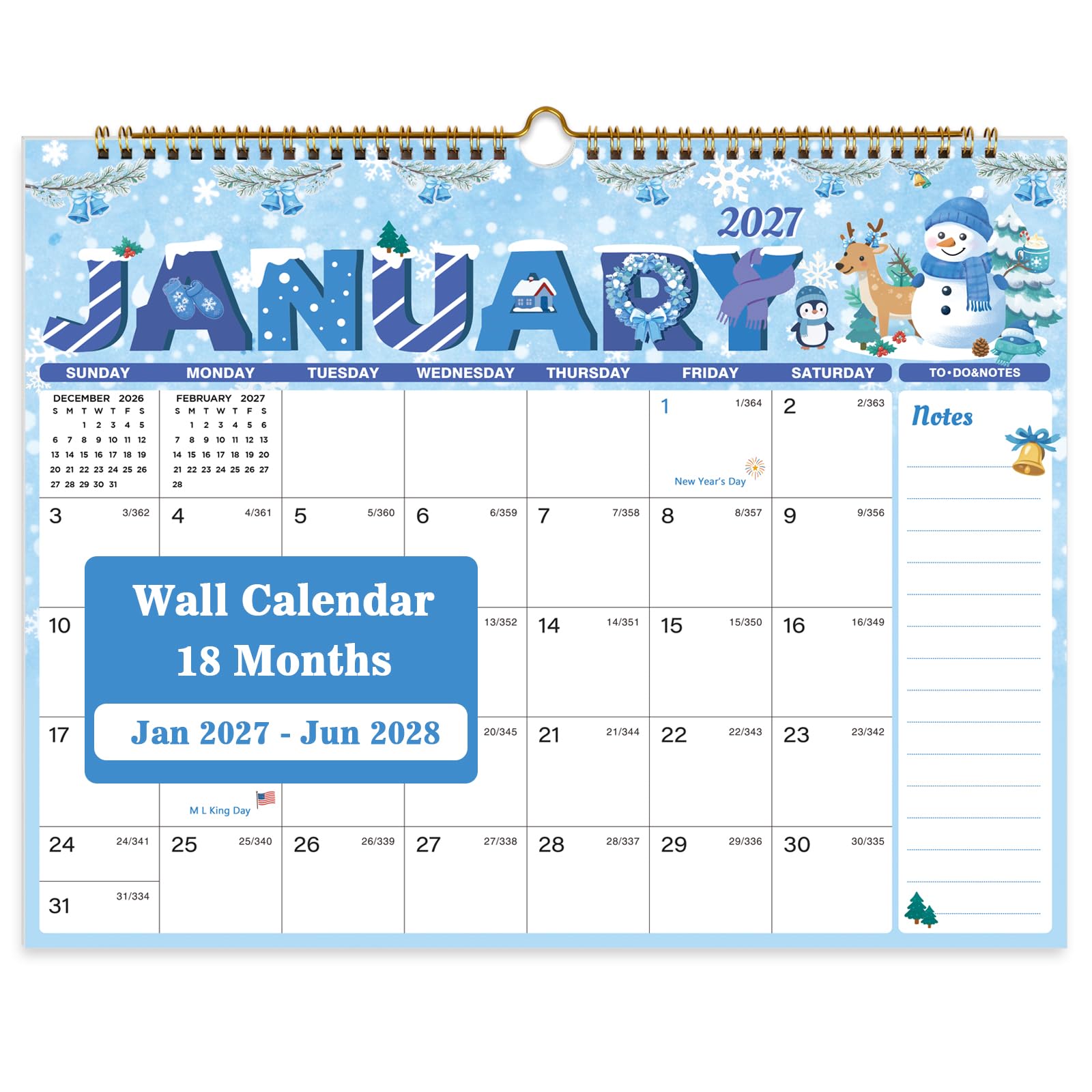 Spomepo 2027-2028 Wall Calendar, 18 Month, Jan 2027-Jun 2028, 14.8"x11.5" | Twin-Wire Binding with Hanging Hook, Thick No-Ble