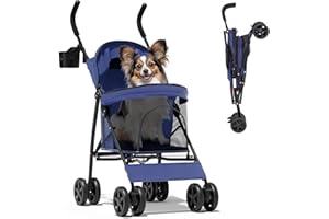 Magshion Compact Pet Stroller for Small-Medium Dogs/Cats up to 22lbs, 4-Wheel Lightweight Umbrella Shaped Portable Puppy Travel Jogger with Breathable Mesh, Cup Holder & Rear Storage, Navy Blue