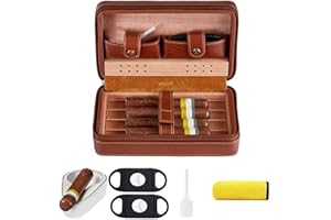 WANTHER Cigar Case,Travel Humidor,4 Pack Brown Cedar Wood Leather Case with Cigar Cutter,Humidifier,Ashtray and Towel for Men Home and Travel,Desktop Large Electric Cabinet,Holder Box Accessories as Gift