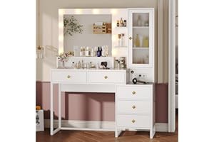 Tiptiper Vanity Desk with Mirror and Lights, Makeup Vanity with Lights & Charging Station, Makeup Desk with 5 Drawers & Storage Shelves, White