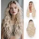 T-color Ombre Platinum Blonde Long Wavy Wig for Women 28 Inch Natural Wavy Middle Part Curly Wig Heat Resistant Fiber Synthetic Wig for Party Halloween Cosplay Dialy Use wig