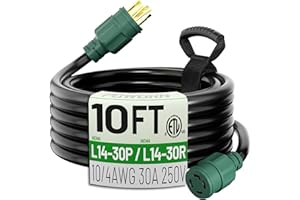 POWGRN 10 FT 30 Amp Generator Extension Cord 4 Prong, Heavy Duty NEMA L14-30P to NEMA L14-30R,125/250V 7500W, Green 10 Gauge STW Twist Locking House Power Cord, 10 Feet Generator Cable