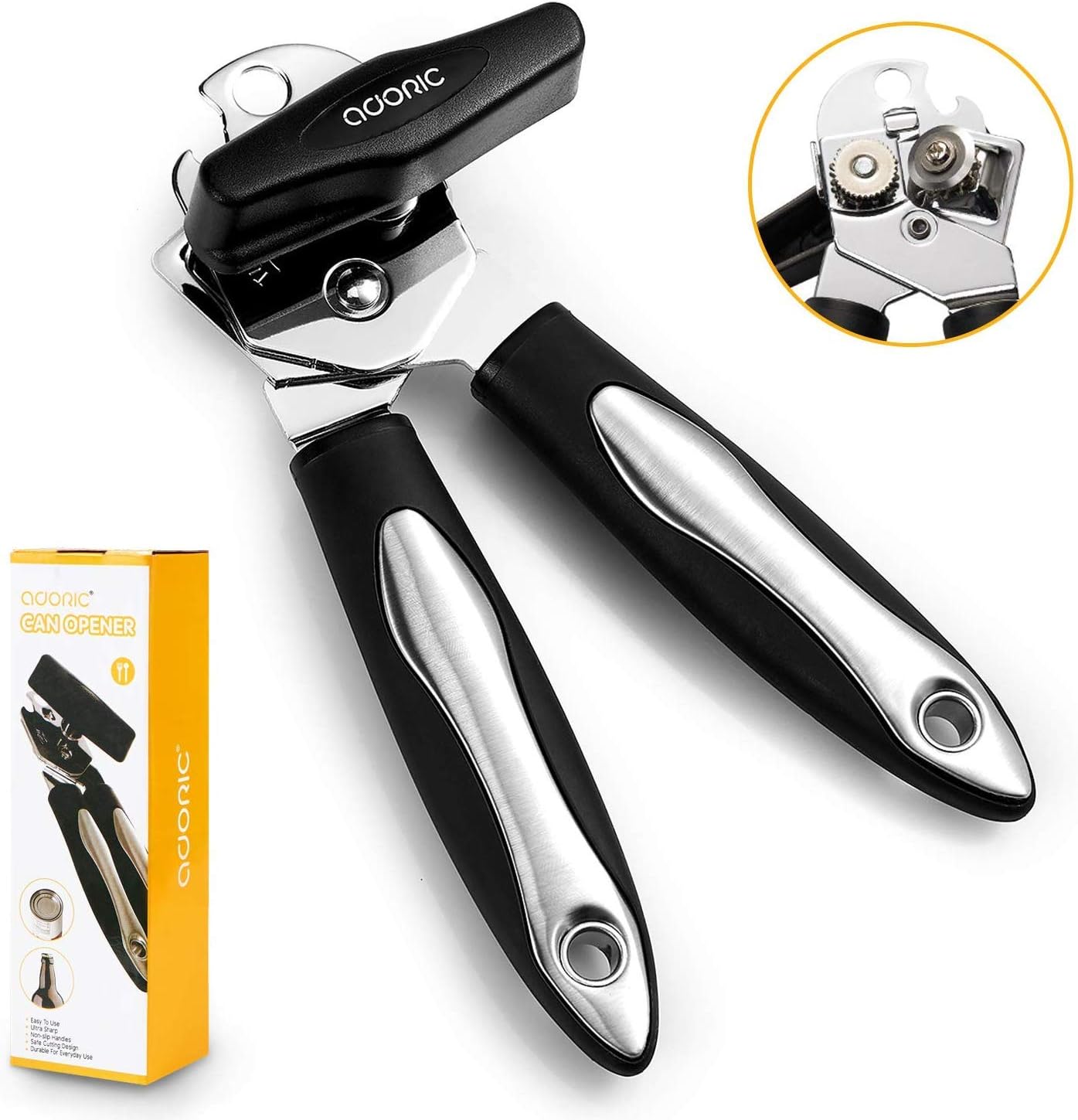 Can Opener Manual, Can Opener Stainless Steel Safety Manual Can Opener for Seniors - Easy to Use Black