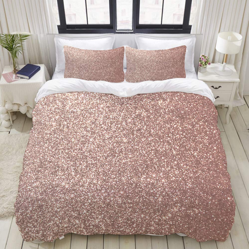 LUBATAGA Duvet Cover Set,Pink Rose Gold Metallic Glitter, Decorative 3 Piece Bedding Set with 2 Pillow Shams，King