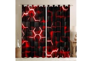 Feelyou Red and Black Darkening Drapes (2 Panels, 42 x 84 Inch) Honeycomb Curtains Living Room Hexagon Theme 30%-50% Blackout Curtains Geometrical Beehive Window Treatments