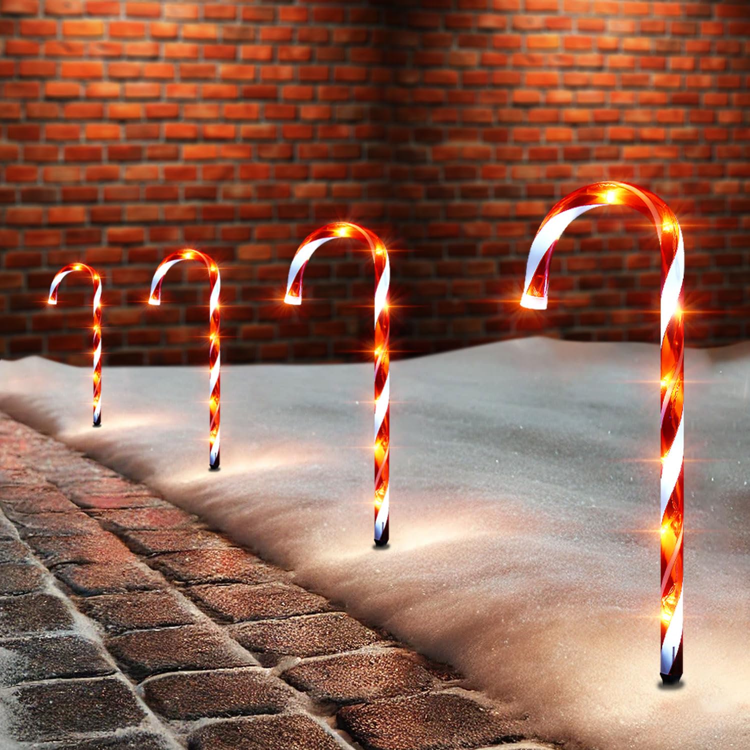 Sentik 4 Pack Mains Powered Christmas Candy Cane Pathway Markers Garden Stake Lights Set of 4, 52cm Tall Festive Indoor Outdoor Decoration, Red & White