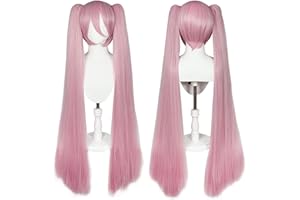 JoneTing Pink Wig【+ Wig Cap】 Long Pink Cosplay Wig for Women Long Wigs with Ponytails for Anime Dress Up Peluca Rosa Synthetic Hair Wigs for Halloween Straight Pigtail Wig for Cosers Costume