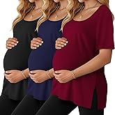 Riyiper 3 Pack Women's Maternity Shirts Dolman Sleeve 35% Cotton Side Split U Neck Pregnancy Tops Summer Casual Tunic Tees(Wine Red, Navy Blue, Black,Large)