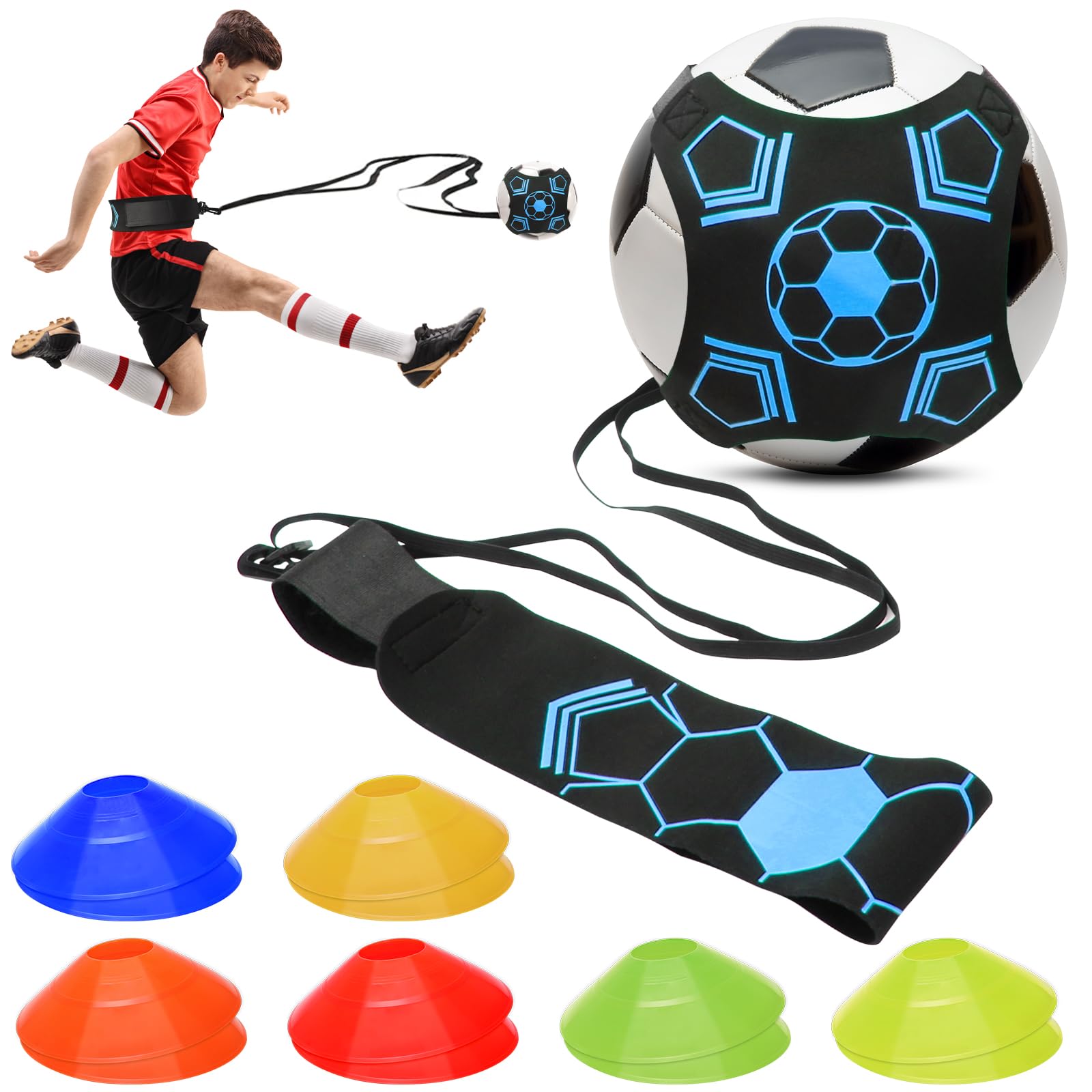 Hoedia Football Kick Trainer Soccer with Soccer Cones Training Aid Belt Hands Free Solo Close Control and Skills Football Training Equipment Fits Ball Size 3, 4, and 5 (Blue)