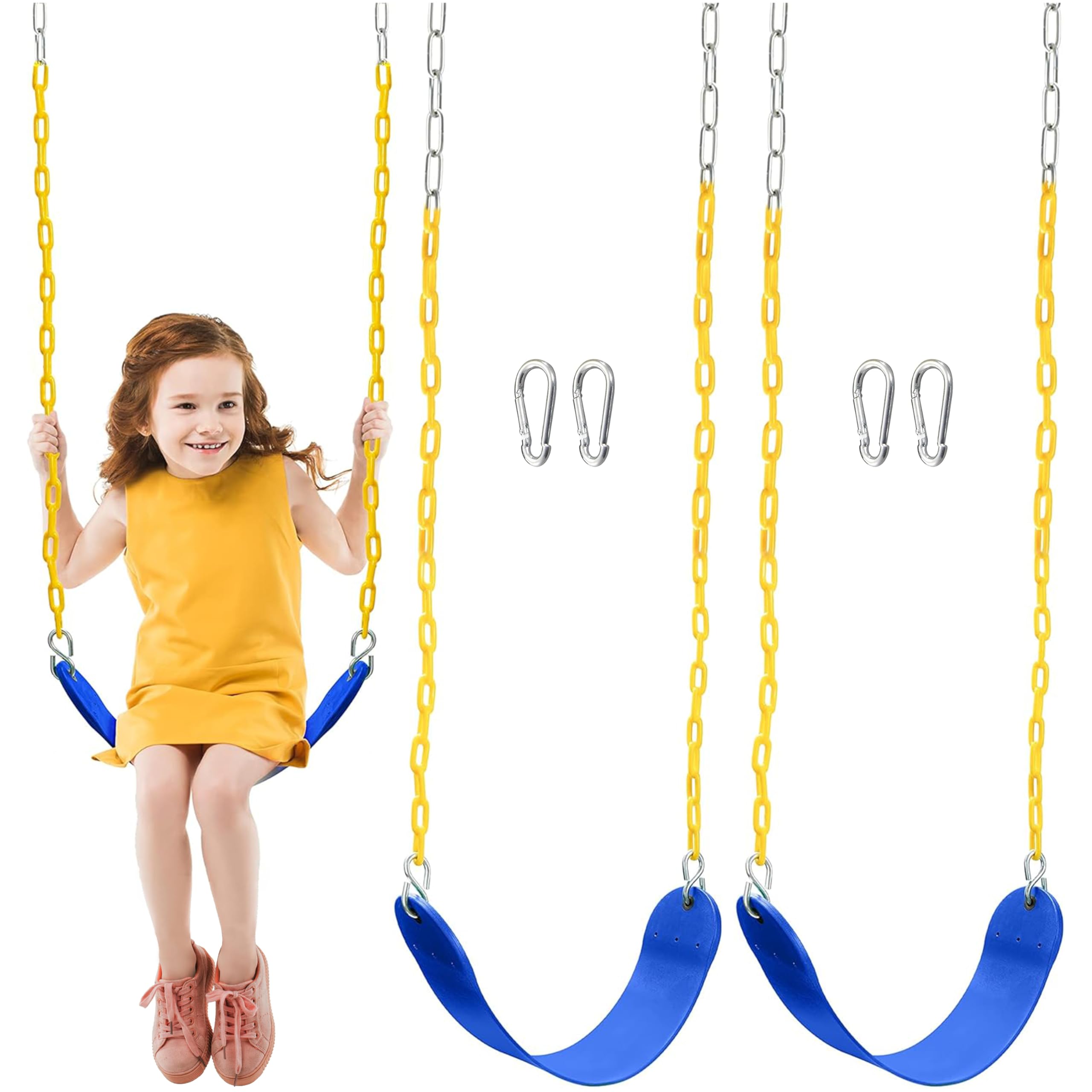 TURFEE 2 Pack Swing for Outdoor Swing Set, Swing Seat Replacement Kit with 66" Heavy Duty Chains, 4 Snap Hook for Kids Outdoor Play Playground, Trees, Playground (Blue)