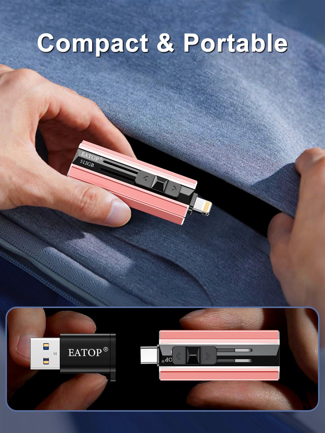 EATOP 512GB Flash Drive Intended for iPhone iPad, Memory Stick Storage for Photos and Videos Backup, Compatible with iPhone iPad Android PC, Plug and Play, No Application Required (Pink)