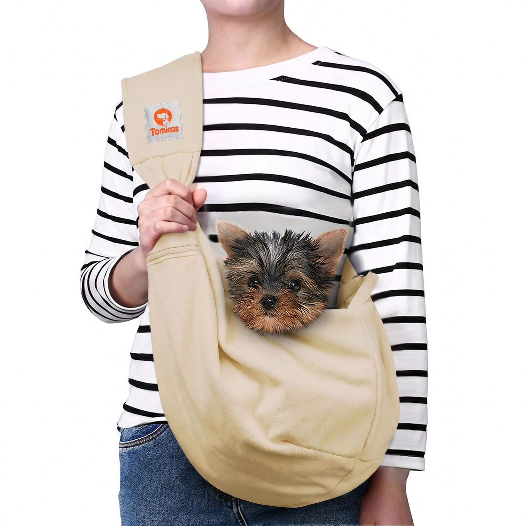 tomkas small dog sling carrier - zipper pocket & adjustable strap - for 3-10 lbs pets(cream) cream m - zip pocket & adjust strap