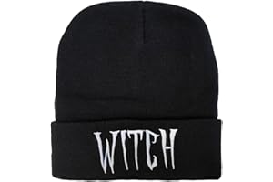 J.Ehonace Black Witch Gothic Text Embroidery Beanie Knit Hat - Unisex Winter Skull Cap for Men & Women, One Size