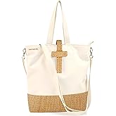 Performore Canvas and Rattan Bible Bag with Two Inside Pockets Zipper, 13x13 inch Tote Style with Shoulder and Carry Straps for Women