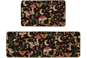 Artoid Mode Black Mushrooms Butterfly Spring Kitchen Mats Set of 2, Home Decor Low-Profile Kitchen Rugs for Floor - 17x29 and 17x47 Inch