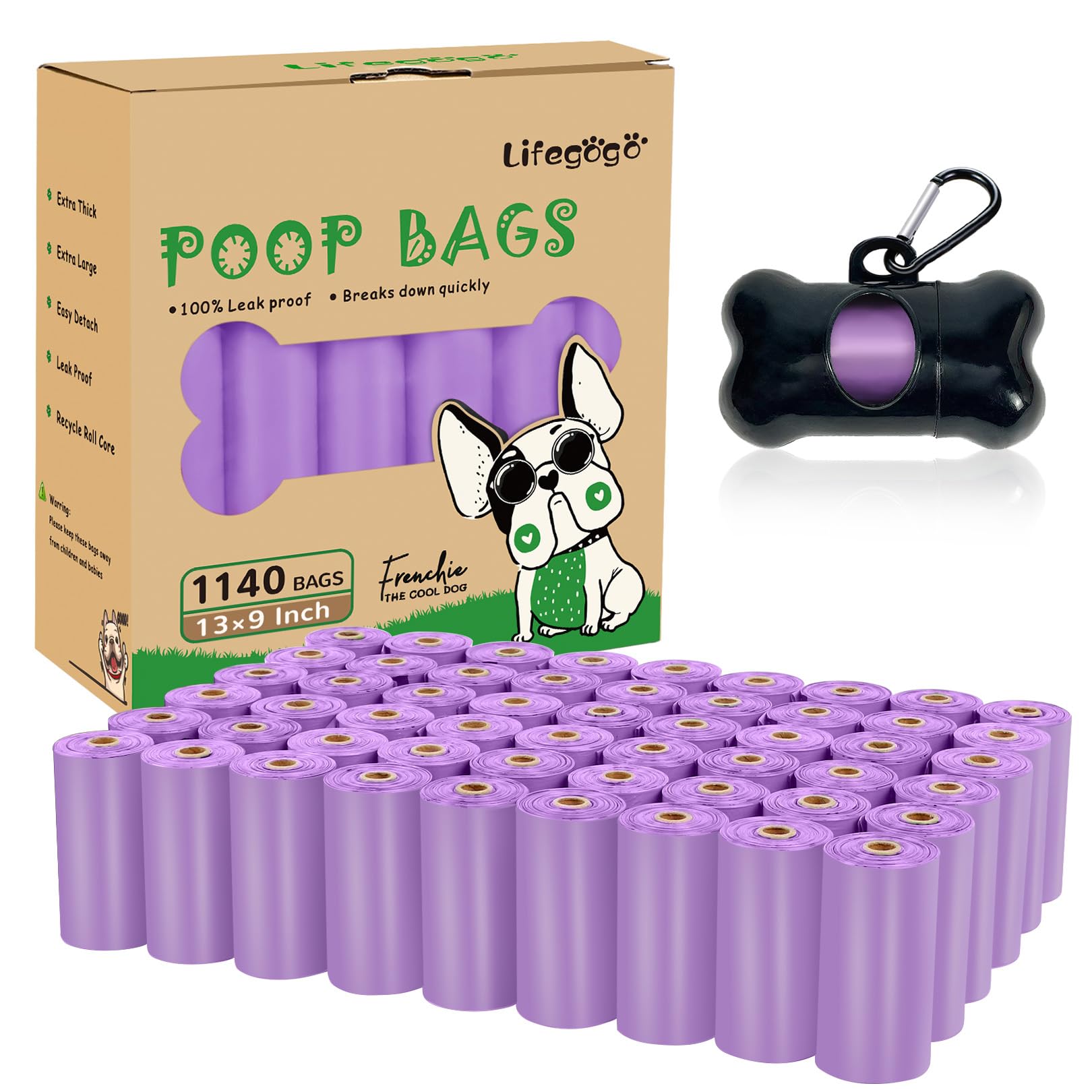 Extra Thick Dog Poop Bags - 1140 Count with Dispenser, Unscented, Strong Leak Proof Waste Roll - 57 Rolls, Purple (13 x 9 Inches)