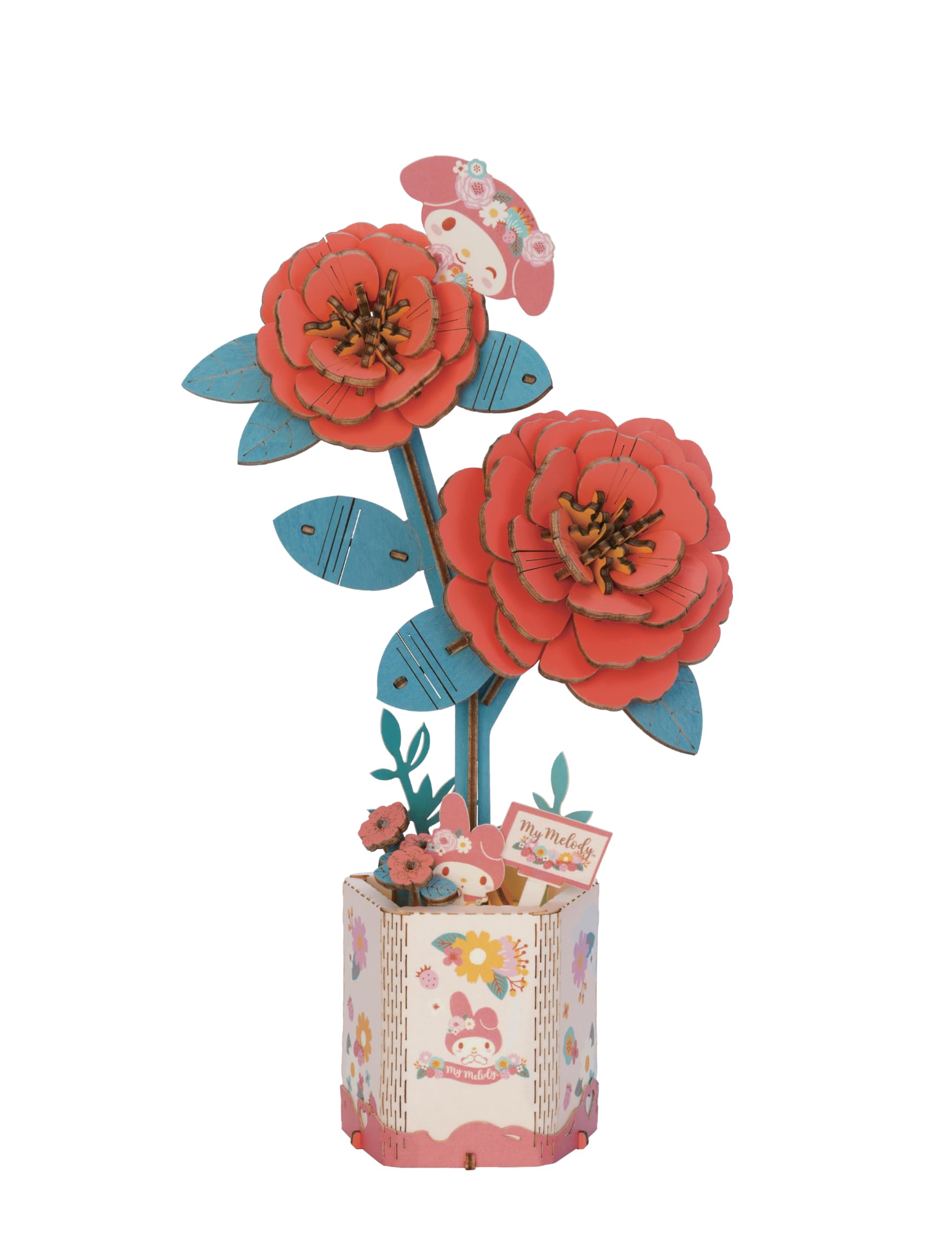 Hands Craft Hello Kitty and Friends My Melody Red Camellia 3D Wooden Puzzle Kit | DIY Flower Model | Arts & Crafts for Adults & Kids | Creative Hobby Kits | Wood Building Set | Unique Gift