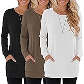 Oakgarden 3 Pack Women's Casual Long Sleeve Tops Crew Neck Pullover Tunic Tees for Leggings Loose Sweatshirts with Pockets(Black, Khaki, White,Large)