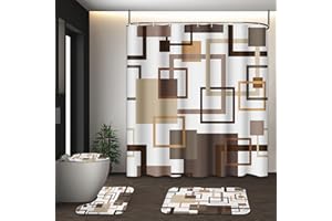 Tayney Geometric Brown Shower Curtain Set with Toilet Lid Cover and Non-Slip Rugs, Abstract Square 4 Pcs Shower Curtain for Bathroom, Modern Simple Line Bathroom Decor