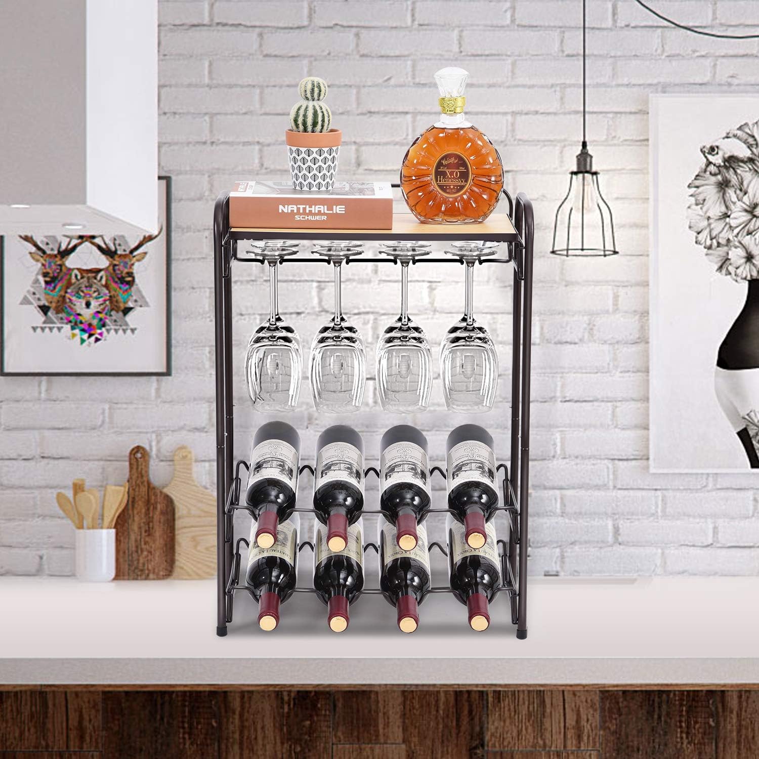 Kingrack 8 Bottle Wine Rack,Metal Wine Shelf with Glasses Holder & Wine