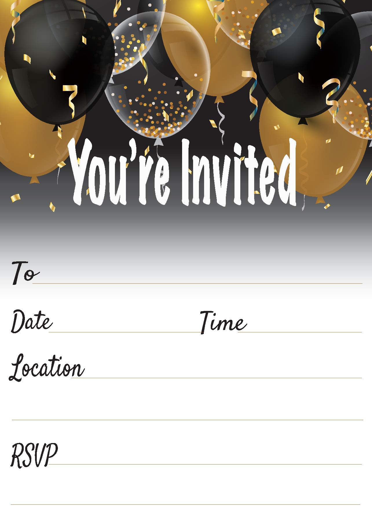 Black & Gold Balloons Invitations Set of 25 with envelopes. Invites for Anniversaries, Birthdays, Sweet 16, Bridal Showers, Baby Showers, milestones Birthdays and More.