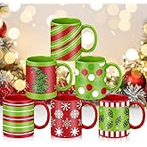 Sliner 6 Pcs Christmas Coffee Mugs Bulk 11 oz with Handle Lime Green Red Ceramic Mugs Santa Winter Hot Cocoa Snowflake Cup for Xmas Decorations, Housewarming Holiday Party Gift