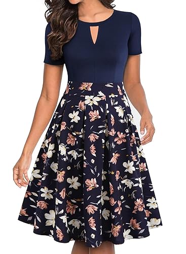 YATHON Women's Classic O Neck Navy Floral Print Wedding Guest Formal Party  Church Dresses Summer Keyhole Cutout Pleated Pocket Cocktail Dress (M,  YT018-Navy Floral 01) in Kenya
