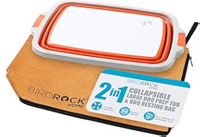 BIRDROCK HOME Collapsible Large BBQ Prep Tub & BBQ Resting Bag - Multi-Function Grill Caddy w/Colander & Lid, Portable Silicone Dish Bowl for Picnic, Tailgate, Camping - Orange & Brown