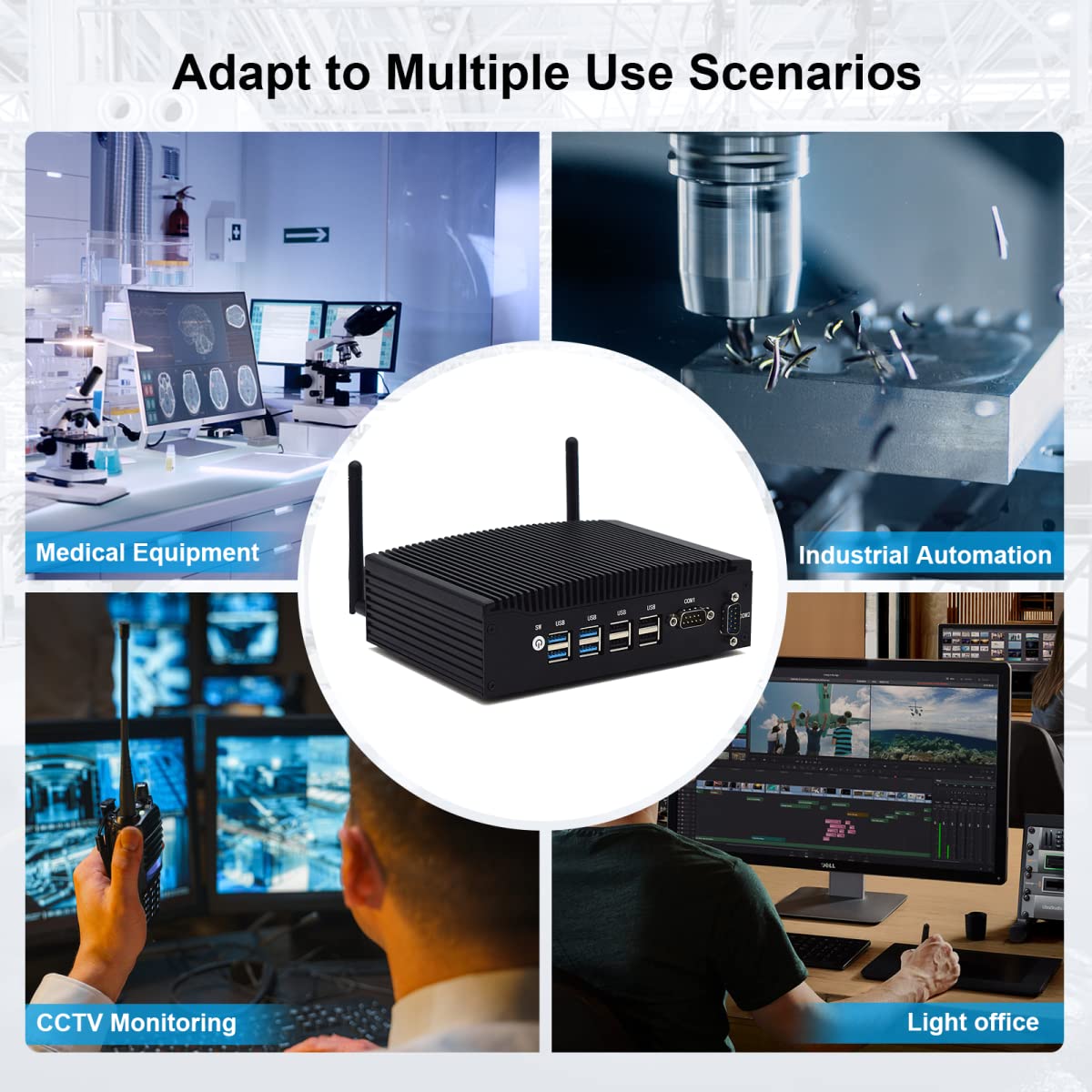 VENOEN Mini PC Lüfterlos i5 Fanless PC Indsutrie Core i5 8250U/8350U, 16GB RAM 512GB SSD, 2X HD 4k Ausgang, 2X RS232 COM, WiFi, 2X Gigabit Ethernet, Industrial PC für Home/Business/Billboard 7