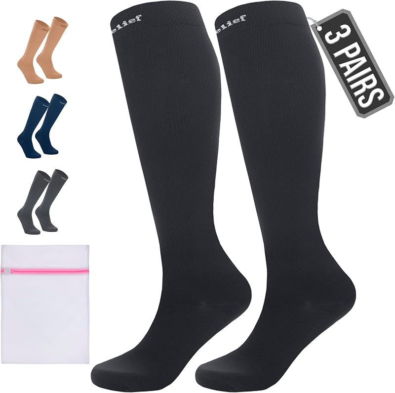 360 RELIEF 3 Pairs Compression Socks 15-20 mmHg L/XL Black with Laundry Bag