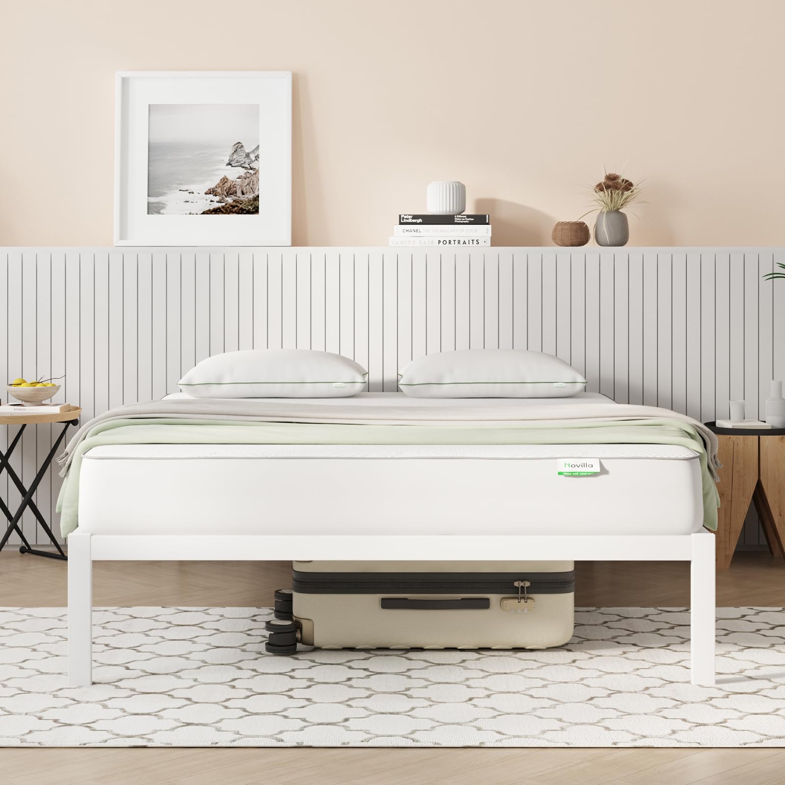 Novilla Queen Bed Frame Without Headboard, Metal Platform Bed Frame, Wood Slat Support, Heavy Duty, No Box Spring Needed, Easy Assembly, White Image Novilla Queen Bed Frame Without Headboard, Metal Platform Bed Frame, Wood Slat Support, Heavy Duty, No Box Spring Needed, Easy Assembly, White Image