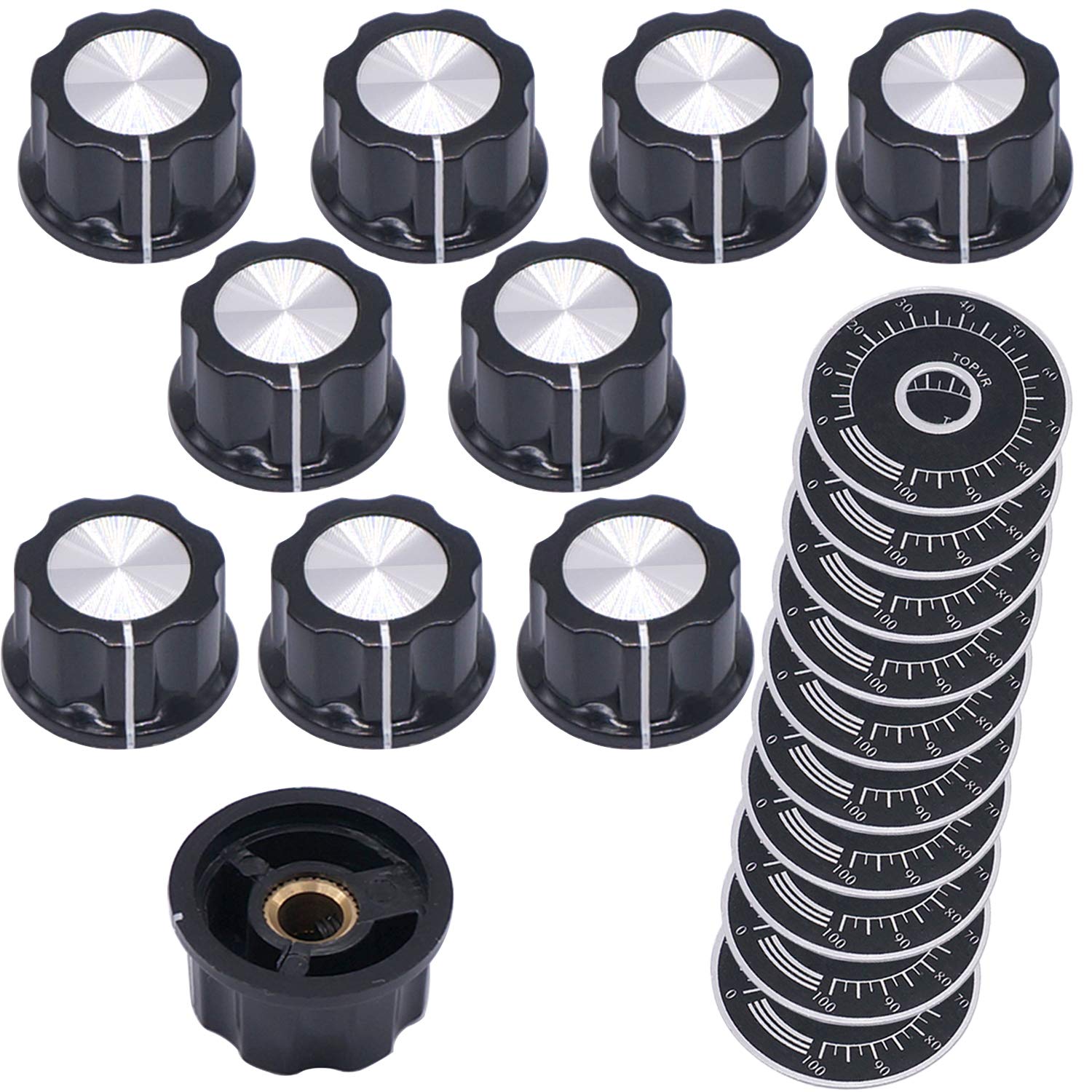 Taiss /10pcs Adjustable Rotate Button Potentiometer Control Knobs + 10pcs 0-100 Scale Sheet