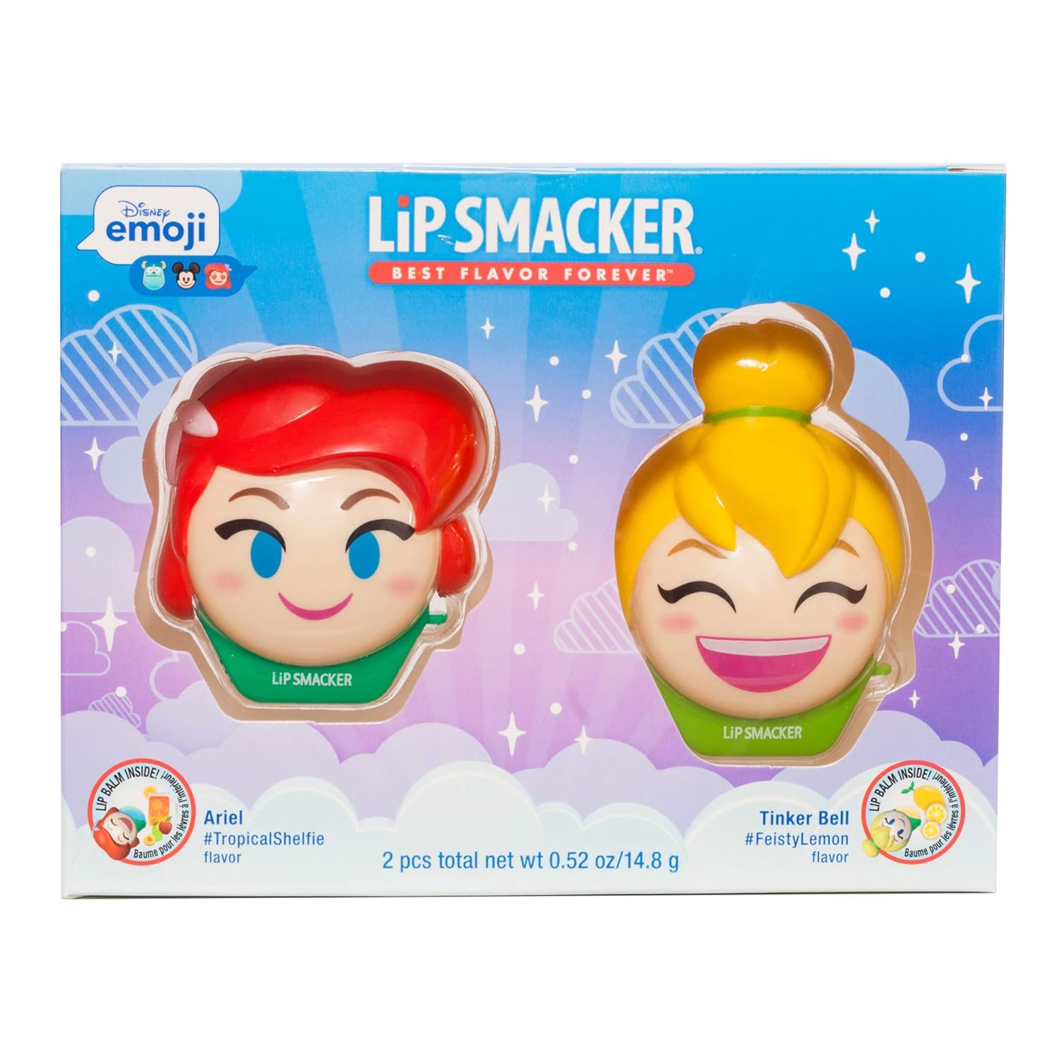 Lip Smacker Disney Emoji Lip Balm Duo, Tinkerbell & Ariel, Feisty Lemon & Tropical Shellfie Flavor : Beauty