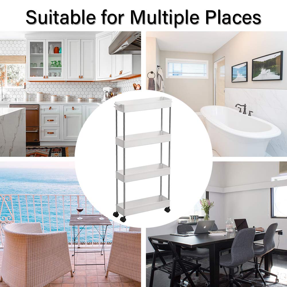 SPACEKEEPER 4 Tier Slim Storage Cart Mobile Shelving Unit Organizer Slide Out Storage Rolling Utility Cart Tower Rack for Kitchen Bathroom Laundry Narrow Places, Plastic & Stainless Steel, White