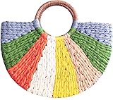 QZUnique Straw Handbags Rainbow Stitching Top